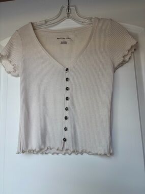 American Eagle Outfitters Cream Ribbed Button-Front V-Neck Top